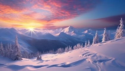 A stunning dramatic sky with vibrant snow winter frozen mountains landscape, beautiful sunset view, cool place in Antarctica