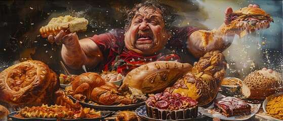 A fat man eating an endless amount of food, surrounded by many delicious dishes such as breads and cakes. The scene is filled with laughter and joyous smiles on his face.