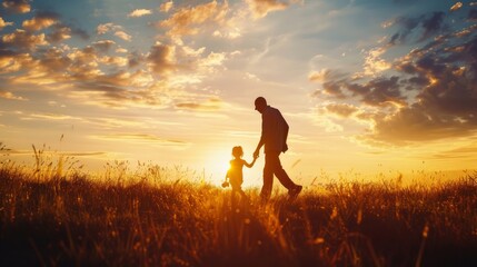 Fototapeta premium silhouette father with little daughter walk at sunset. father's day background concept