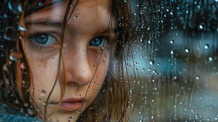 contemplative teenage girl peering through rainstreaked window lost in thought emotional portrait