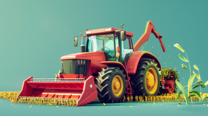 Obraz premium Bright red tractor equipped with modern harvesting equipment, actively working in a golden wheat field under a clear sky.