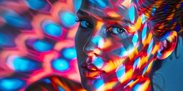 a close up portrait of an attractive woman, her face illuminated by the vibrant colors and dynamic patterns created from projected light beams that cast intricate shadows on her skin, generative AI