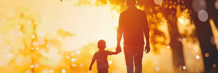 silhouette father with little daughter walk at sunset. father's day background concept