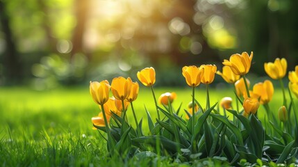 Colorful yellow tulip flowers in the garden with green grass landscape on a sunny summer or spring day - Powered by Adobe