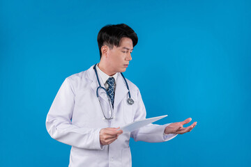 Smart doctor holding transparent tablet hodling object 3D in searching disease research data in...