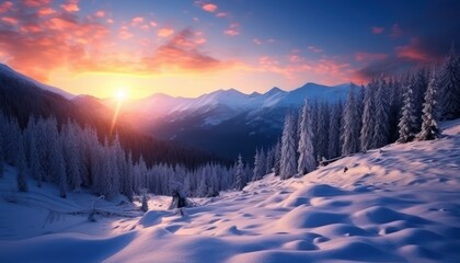 A stunning dramatic sky with vibrant snow winter frozen mountains landscape, beautiful sunset view, cool place in Antarctica