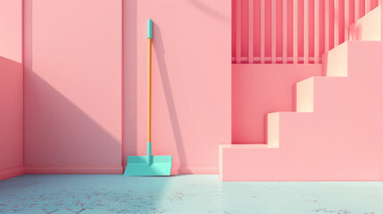 A minimalist scene featuring a pink staircase alongside a matching dustpan, emphasizing simplicity and clean design in pastel tones.