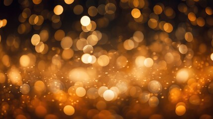 Golden bokeh, raining light, blurry lights, blurry background, gold confettis on a black background, yellow and orange, night lights, city lights, haze, depth of field, round bokeh, circle bokeh