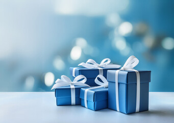 Múltiples cajas de regalos de color azul con cintas blancas. Fondo desenfocado con espacio negativo. Recurso tipo pancarta para diseñadores. IA generativa