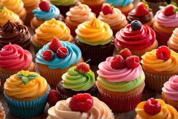 Colorful bright cupcake dessert with frosting and sprinkles, background wallpaper backdrop