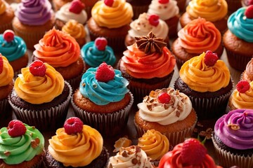 Colorful bright cupcake dessert with frosting and sprinkles, background wallpaper backdrop