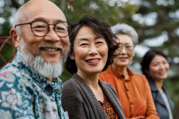 Group of asian senior people standing in the park and smile at the camera