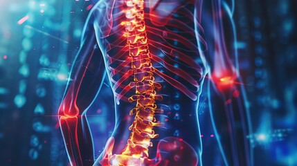 human back pain, with a red glowing area of the spine on a blue background with an X-ray effect, closeup medical concept showing anatomy in a panoramic style. 