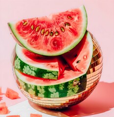 minimalist still life photography of watermelon inside a disco ball on a pastel background.