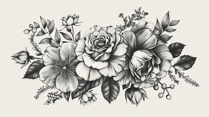 vintage floral bouquet with delicate roses and intricate details elegant black and white composition handdrawn illustration