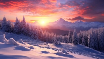 A stunning dramatic sky with vibrant snow winter frozen mountains landscape, beautiful sunset view, cool place in Antarctica