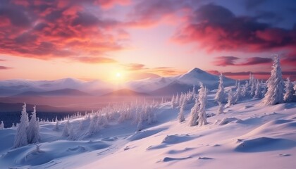 A stunning dramatic sky with vibrant snow winter frozen mountains landscape, beautiful sunset view, cool place in Antarctica