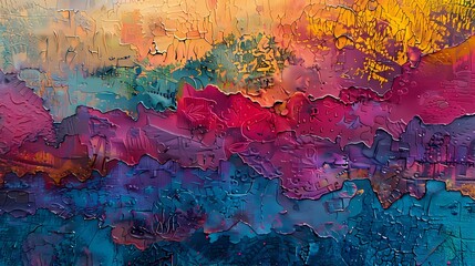 Layers of vibrant hues interweave on a textured canvas, forming a rich and intricate tapestry of color and texture