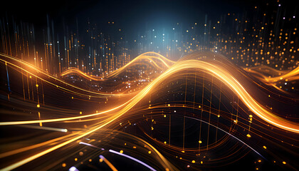 Creative abstract technology flowing data in neon gold and black color background. Coding colorful data flowing. Wallpaper