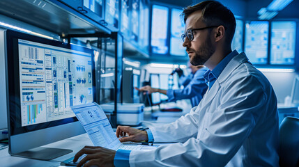 Scientist using a computer to analyze data in a laboratory
