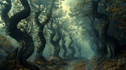 A mutated forest with trees twisted into grotesque shapes due to radiation
