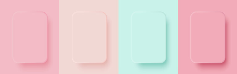 Set of empty square embossed pastel color set in minimal style. Pink, Peach, Green. Vector illustration.