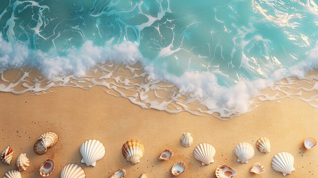 3d rendering of beach with sea waves and seashells on the sand background banner for summer vacation concept. top view, high angle view. detailed illustration, highly realistic, detailed textures, cin