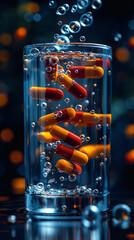 Red and yellow capsules drop inside a glass of water and create bubbles, depicting ongoing addiction of medicinal prescriptions