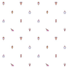 Seamless pattern Ice cream and popsicle icon on white background. Included the icons as dessert, cone, waffle, vanilla, yammy, soft, stick, scoop And Other Elements