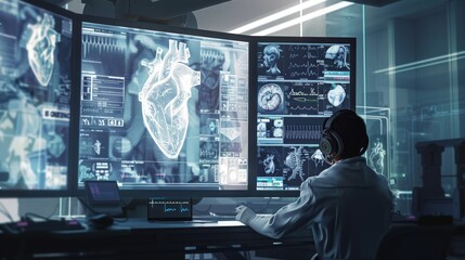 Doctors work in a futuristic hospital with high-tech medical equipment. High-tech operating room
