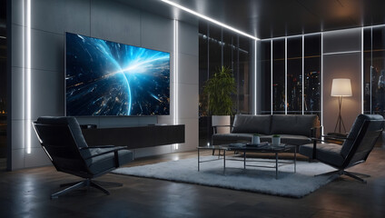 Smart tv in modern interior office design with neon lights, 3d render. Generative ai.