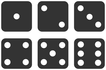 Set of six black dices isolated on white background.