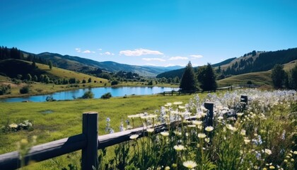 A stunning spring day landscaping views of fertile land surrounded beautiful green vegetation, wide stretches of hills and mountains with clear skies in spring