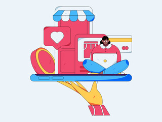 Holiday shopping people doing e-commerce online shopping flat vector concept operation hand drawn illustration
