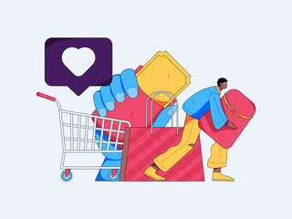 Holiday shopping people doing e-commerce online shopping flat vector concept operation hand drawn illustration
