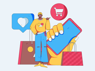 Holiday shopping people doing e-commerce online shopping flat vector concept operation hand drawn illustration
