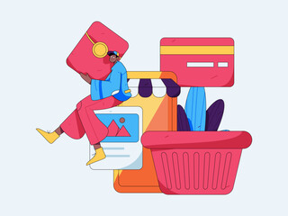 Holiday shopping people doing e-commerce online shopping flat vector concept operation hand drawn illustration
