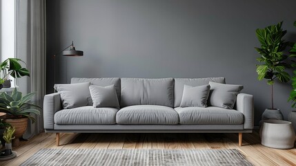 Modern Minimalist Living Room with Grey Sofa and Indoor Plants