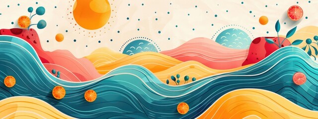 Vibrant Abstract Landscape with Sun, Waves, and Citrus Fruits in Artistic Style