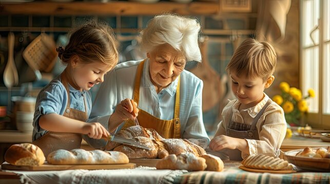 Joyful Grandmother Baking with Grandchildren in Cozy Rustic Kitchen