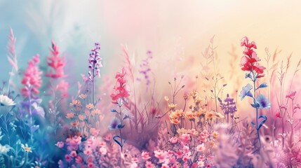 Vibrant Pastel Wildflowers in Dreamy Meadow at Sunrise