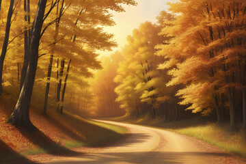A vintage watercolor painting of a winding country road disappearing into a vibrant autumn forest.