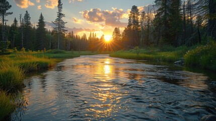 The last rays of sunlight casting a warm glow over a secluded forest clearing where bears are fishing in a sparkling river