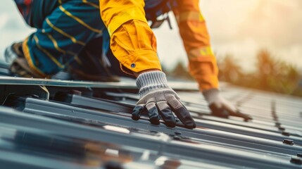 A worker wearing protective gear while handling the panels emphasizing the importance of safety during the installation.