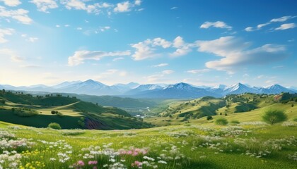 Obraz premium A stunning spring day landscaping views of fertile land surrounded beautiful green vegetation, wide stretches of hills and mountains with clear skies in spring