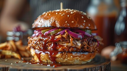 Savor the Flavor Juicy Pulled Pork Sandwich with Tangy Pickles and Smoky Barbecue Sauce