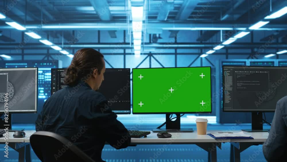 Poster it support workers in data center coding on green screen computers, upgrading equipment. multiethnic