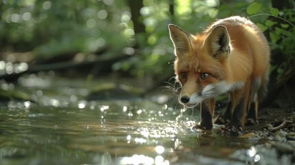 Fototapeta premium Sunlight piercing through the forest canopy, casting a serene light on a fox drinking from a clear, bubbling brook