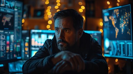 Fototapeta premium Man Analyzing Data on Multiple Screens. A man intensely analyzing data on multiple screens in a dimly lit room, with a focused expression and illuminated background.