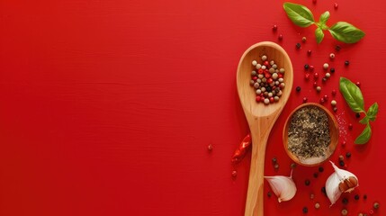 Wooden spoon with spices and cooking ingredients on red background with organic food Vegetarian diet and healthy eating concept close up view with space for text - Powered by Adobe